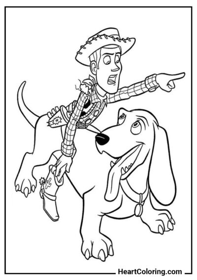 Woody chevauchant un chien - Coloriage Toy Story