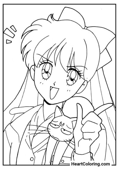 Garota Feliz e Gato Irritado - Desenhos de Sailor Moon para Colorir