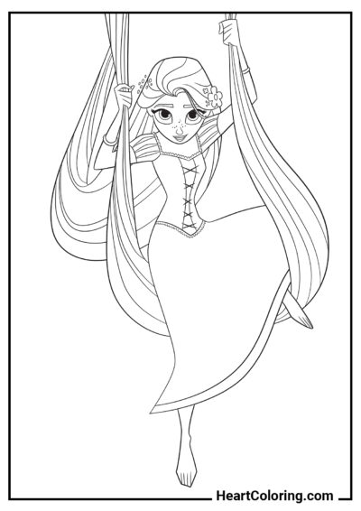 Vol sur les cheveux - Coloriage Raiponce