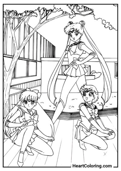 Three Friends under the Tree - Sailor Moon Coloring Pages