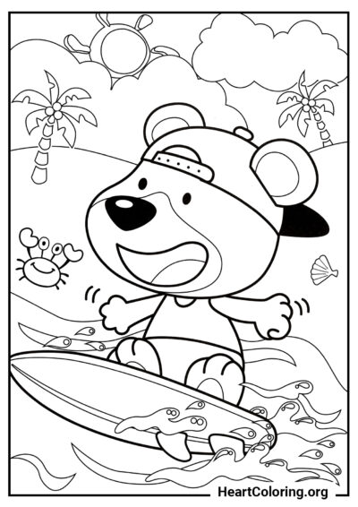 Oso en una Tabla de Surf - Dibujos de Osos para Colorear