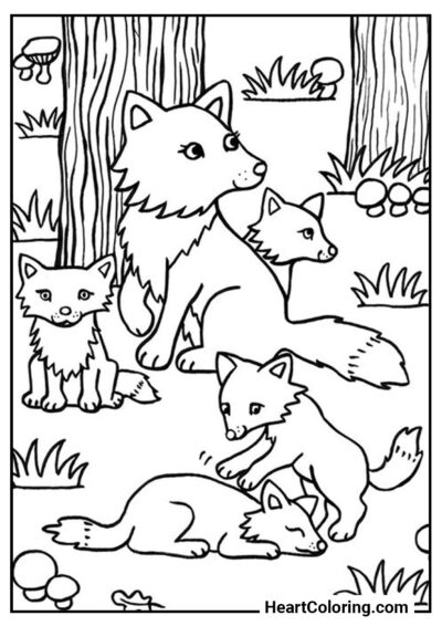 Renarde avec ses petits - Coloriages de Renards