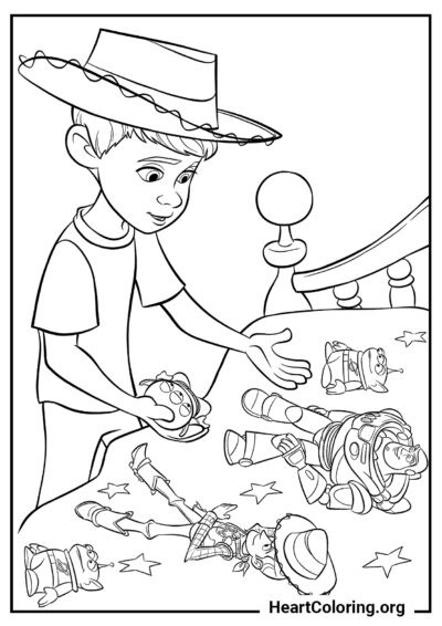 Andy avec les Jouets - Coloriage Toy Story