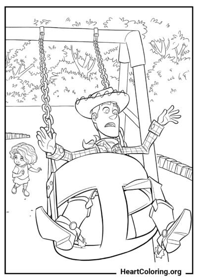 Woody sur la Balançoire - Coloriage Toy Story