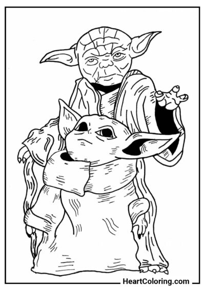 Baby Yoda com um Mestre - Desenhos do Baby Yoda para Colorir