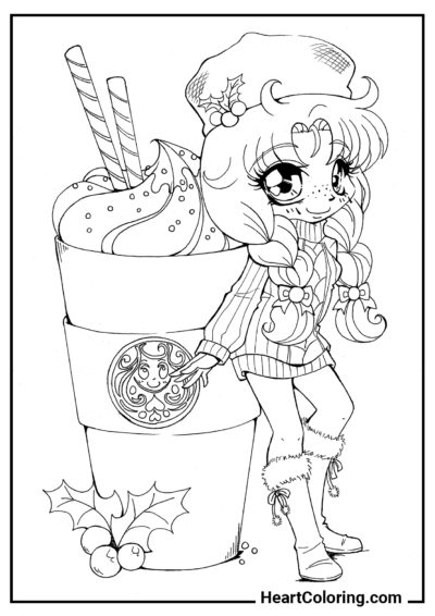 Girl with milkshake - Kawaii Coloring Pages