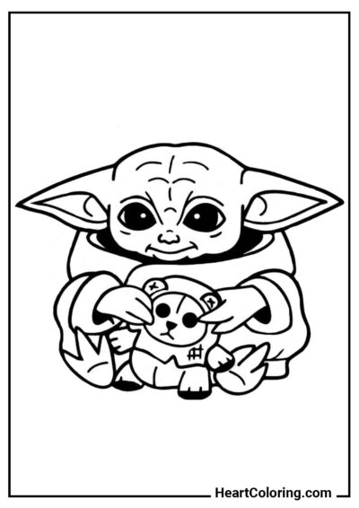 Bebê com um brinquedo - Desenhos do Baby Yoda para Colorir