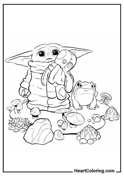 Baby Yoda with frog - Baby Yoda Coloring Pages