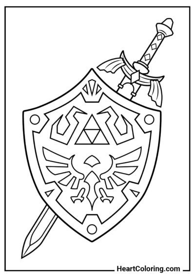 Hylian Shield and Master Sword from Zelda – free printable coloring page