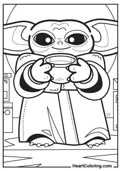 Baby Yoda con una tazza di succo - Disegni di Baby Yoda da Colorare