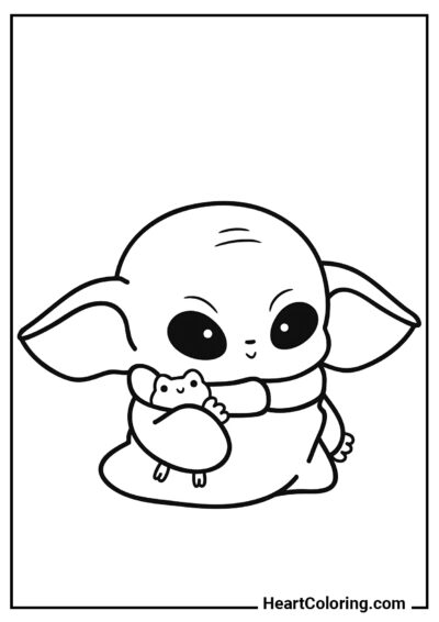 Baby Yoda con una ranocchia giocattolo - Disegni di Baby Yoda da Colorare
