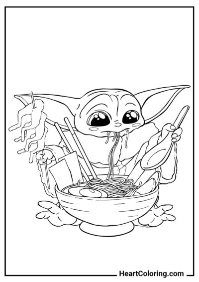 Grogu con una ciotola di noodles - Disegni di Baby Yoda da Colorare