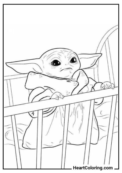 Bebé en una cuna - Dibujos de Baby Yoda para Colorear