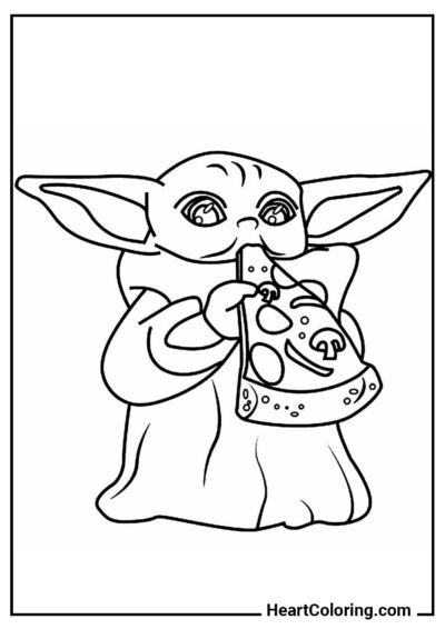 Grogu avec de la pizza - Coloriages de Baby Yoda