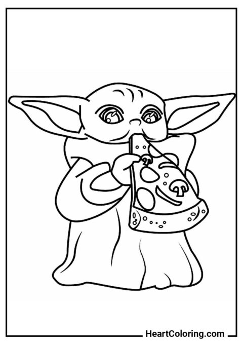 Grogu with pizza - Baby Yoda Coloring Pages