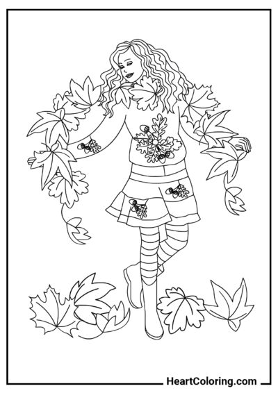 Fille avec des Feuilles - Coloriages d’Automne