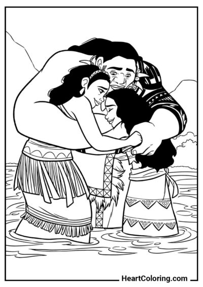 Moana com seus pais - Desenhos de Moana para Colorir