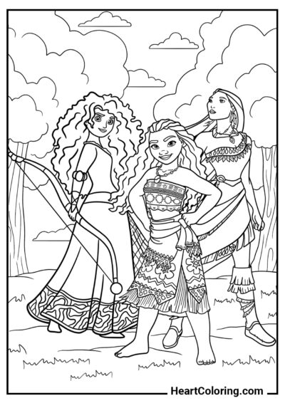 Moana, Merida and Pocahontas - Moana Coloring Pages