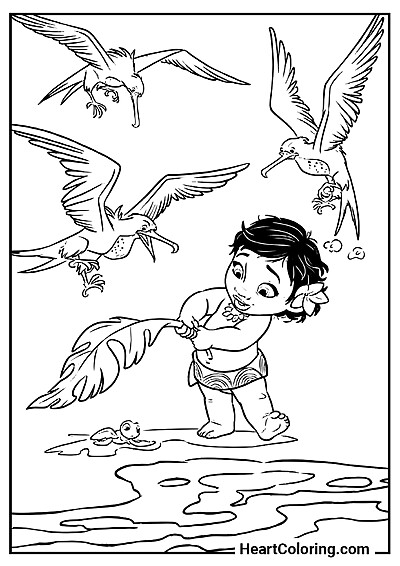 Pobierz kolorowankę Mała Vaiana pomaga żółwikowi — format JPG lub PDF