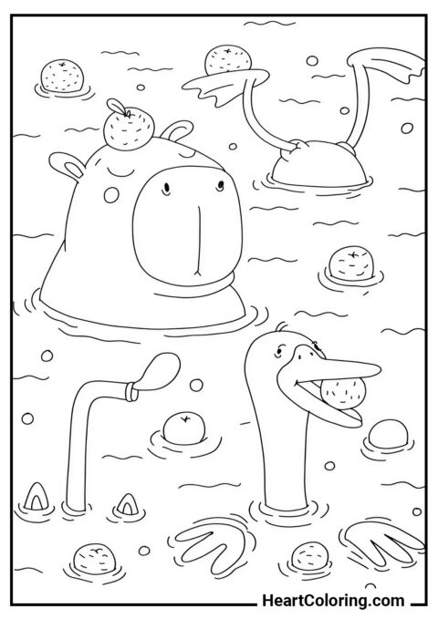 Bathing Together - Capybara Coloring Pages