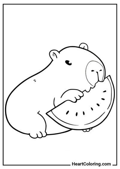 Capybara with a Slice of Watermelon - Capybara Coloring Pages