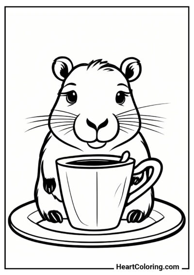 Capybara and a Cup of Coffee - Capybara Coloring Pages