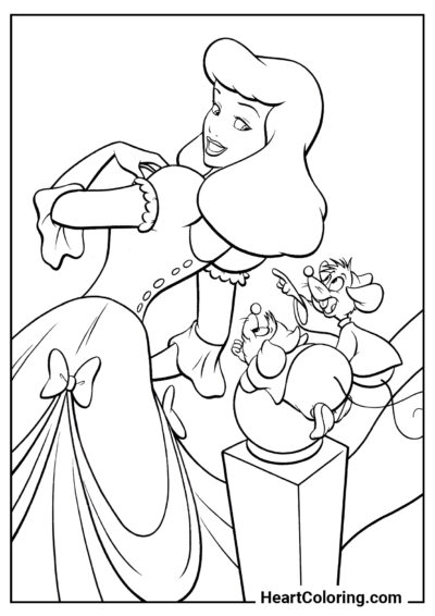 The Mice Helping Cinderella Button Her Dress - Cinderella Coloring Pages