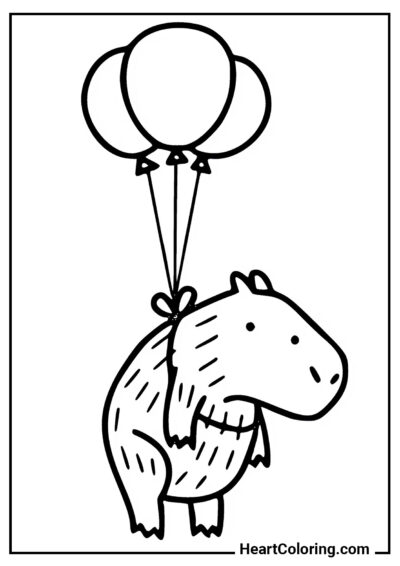 Capybara Flying with Balloons - Capybara Coloring Pages