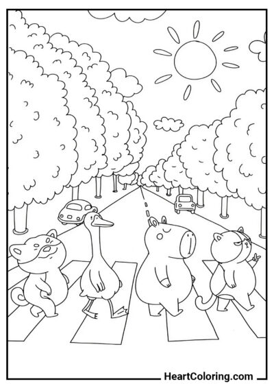 Friends on a Walk - Capybara Coloring Pages