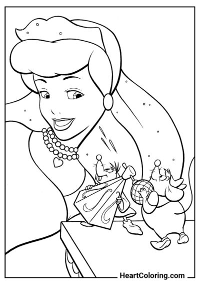 Jacques and Gus Helping Cinderella Get Dressed - Cinderella Coloring Pages