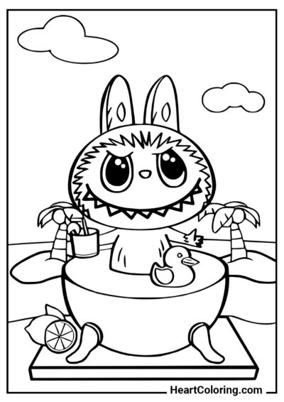 Labubu com um Coquetel na Praia - Desenhos do Labubu para Colorir
