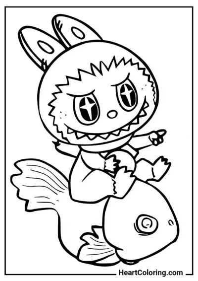 Labubu Andando em um Peixe - Desenhos do Labubu para Colorir
