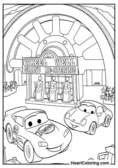Sally and Lightning at the Gas Station – ready-to-print coloring image