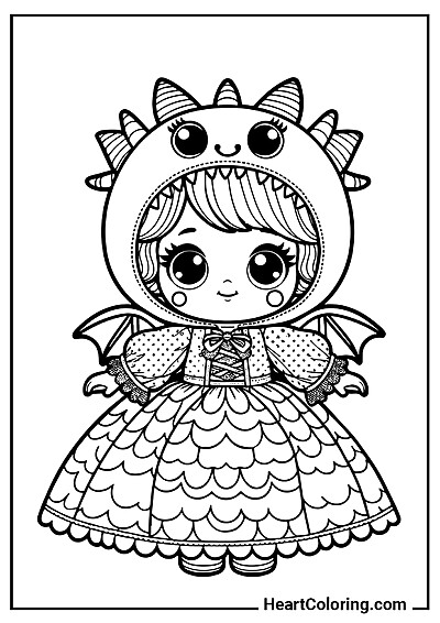 Spannendes Ausmalbild Puppe im Drachenkostüm aus der Kategorie "Ausmalbilder Puppen"