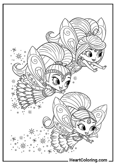 Divertente da colorare: Leah, Shimmer e Shine vestite da fate