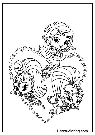 Shimmer, Shine e Leah insieme — immagine da stampare e colorare