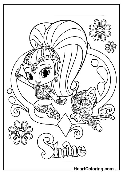Shine con il suo animale domestico — disegno popolare dalla serie "Disegni di Shimmer e Shine da colorare"