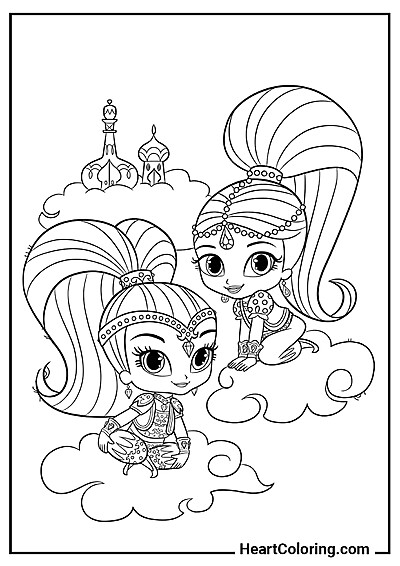 Shimmer e Shine davanti al palazzo — immagine da colorare per bambini