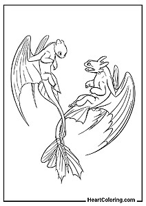 Banguela com sua companheira — desenho divertido da coleção "Desenhos de Como Treinar o Seu Dragão para Colorir"
