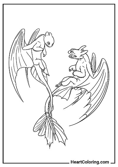 Banguela com sua companheira — desenho divertido da coleção "Desenhos de Como Treinar o Seu Dragão para Colorir"