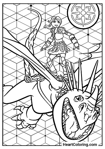 Astrid montando seu dragão — desenho online para pintar com tablet